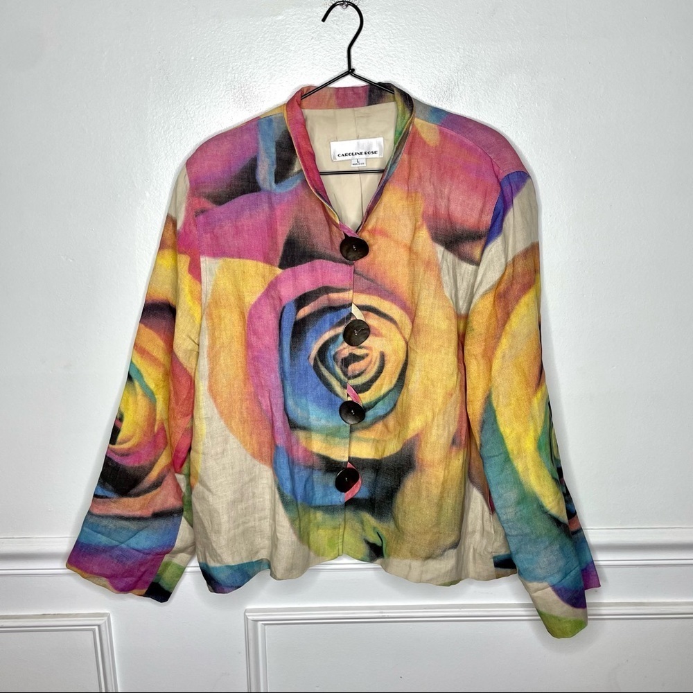 Caroline Rose 100% Linen floral Rose Abstract Art to Wear Blazer Jacket Womens L - Picture 1 of 8